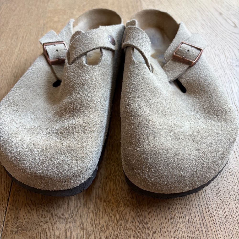 Birkenstock Beige Suede Boston Clogs